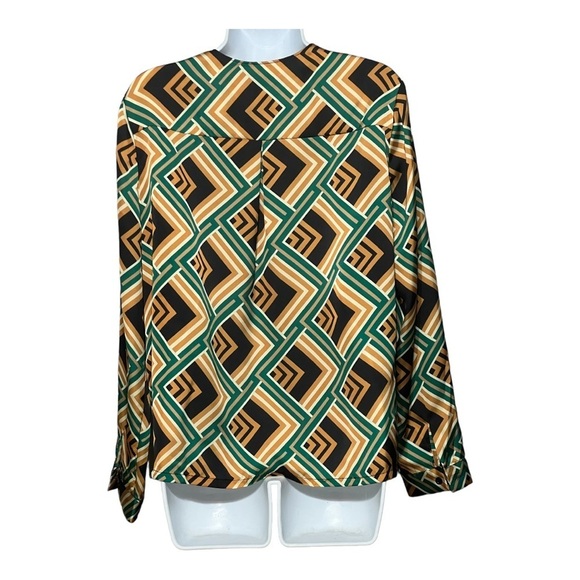 Drew Vienna Blouse Abstract Green Geometric Lightweight Relaxed Fit Wrap Tie Top - Picture 4 of 9